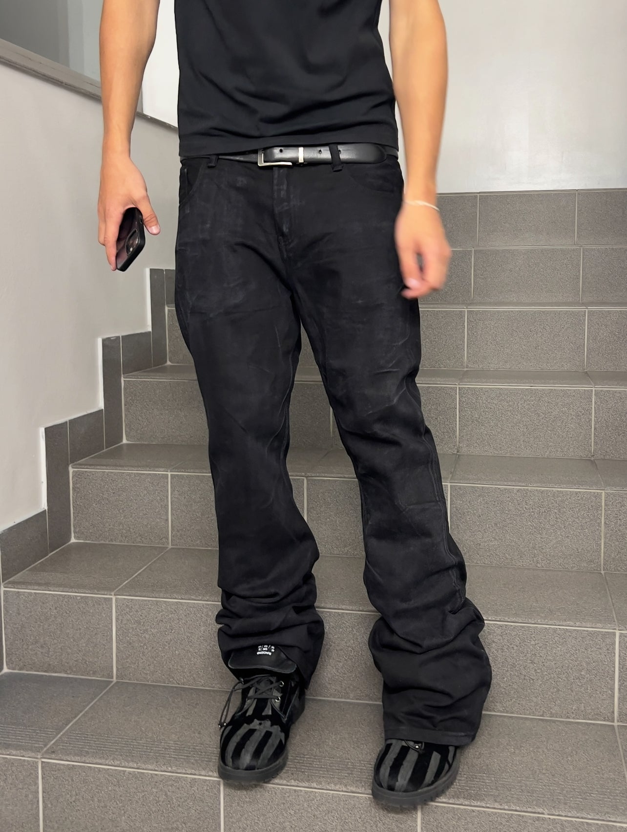 Washed Black Flared Denim